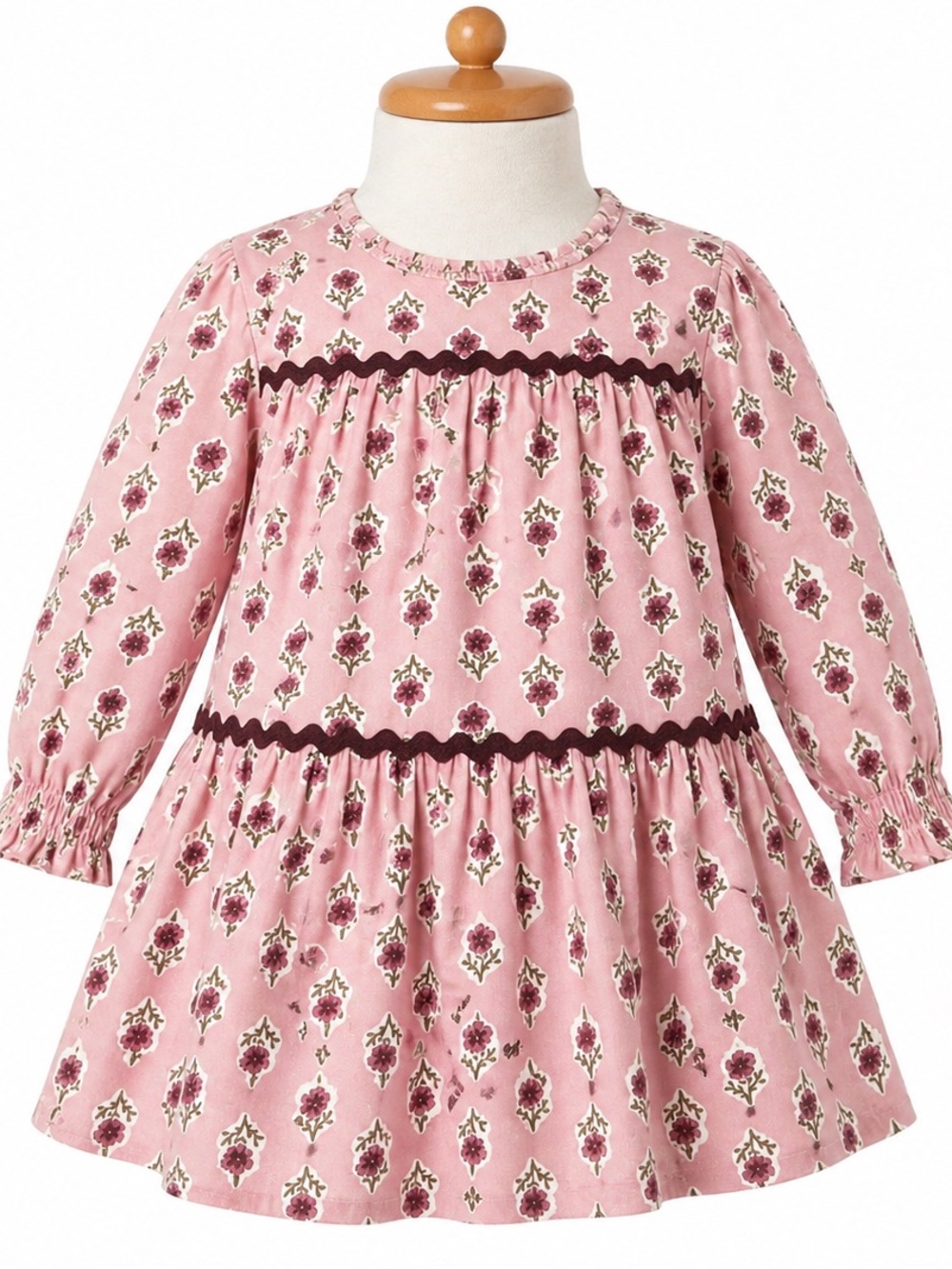 Modern Moments Pink Floral Long-Sleeve Toddler’s Dress with Burgundy Trim Size 3